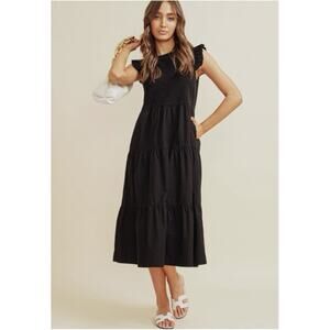 Nation LTD Sissy Ruffled Tiered Midi Sundress Black XS Boho Preppy Classic